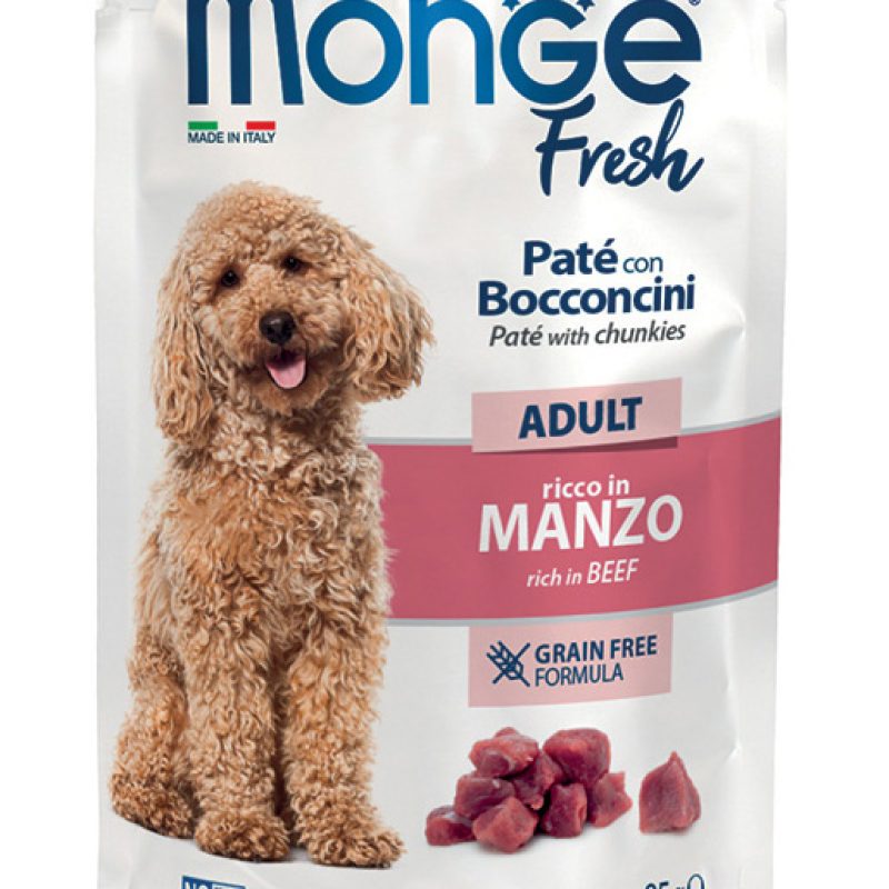 Monge Fresh Adult jautienos pašteto su mėsos gabaliukais pakuotė šunims, 85 g