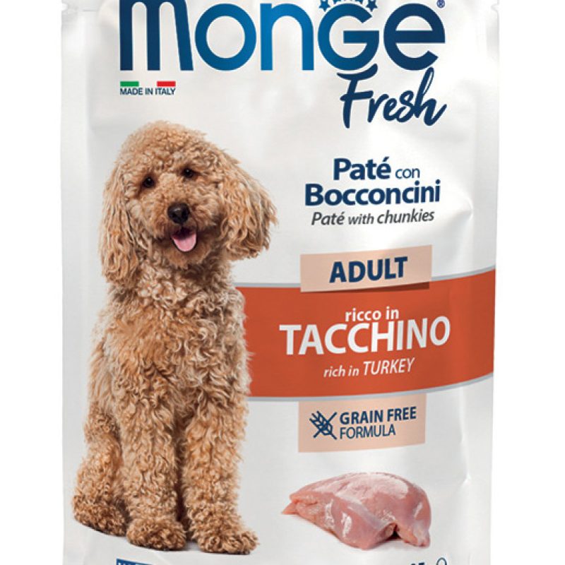 Monge Fresh Tacchino drėgnas šunų maistas su kalakutiena 85g pakuotėje.