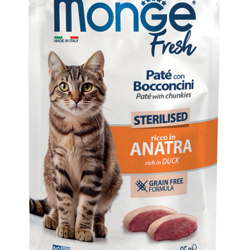 „Monge Fresh Sterilised“ begrūdis paštetas su antienos gabaliukais sterilizuotoms katėms, 85 g pakuotė