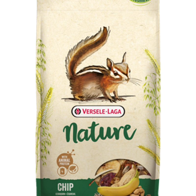 Versele-Laga Nature Chip pilnavertis maisto mišinys su miltų kirmėlėmis, sėklomis ir riešutais burundukams bei voverėms, 700 g pakuotė.